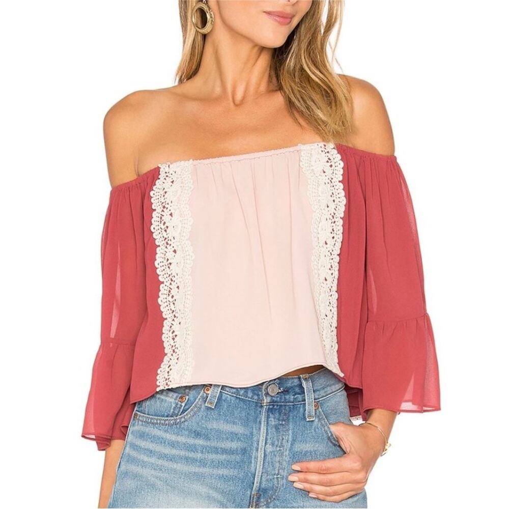NEW TULAROSA Pink Red Rose White Lace Colorblock Boho Alexa Blouse Top Shirt S - Picture 12 of 13